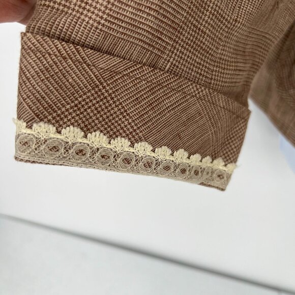Coldwater Creek Linen Jacket M Brown Plaid Belted Button Front Lined Lace Trim - Picture 11 of 12